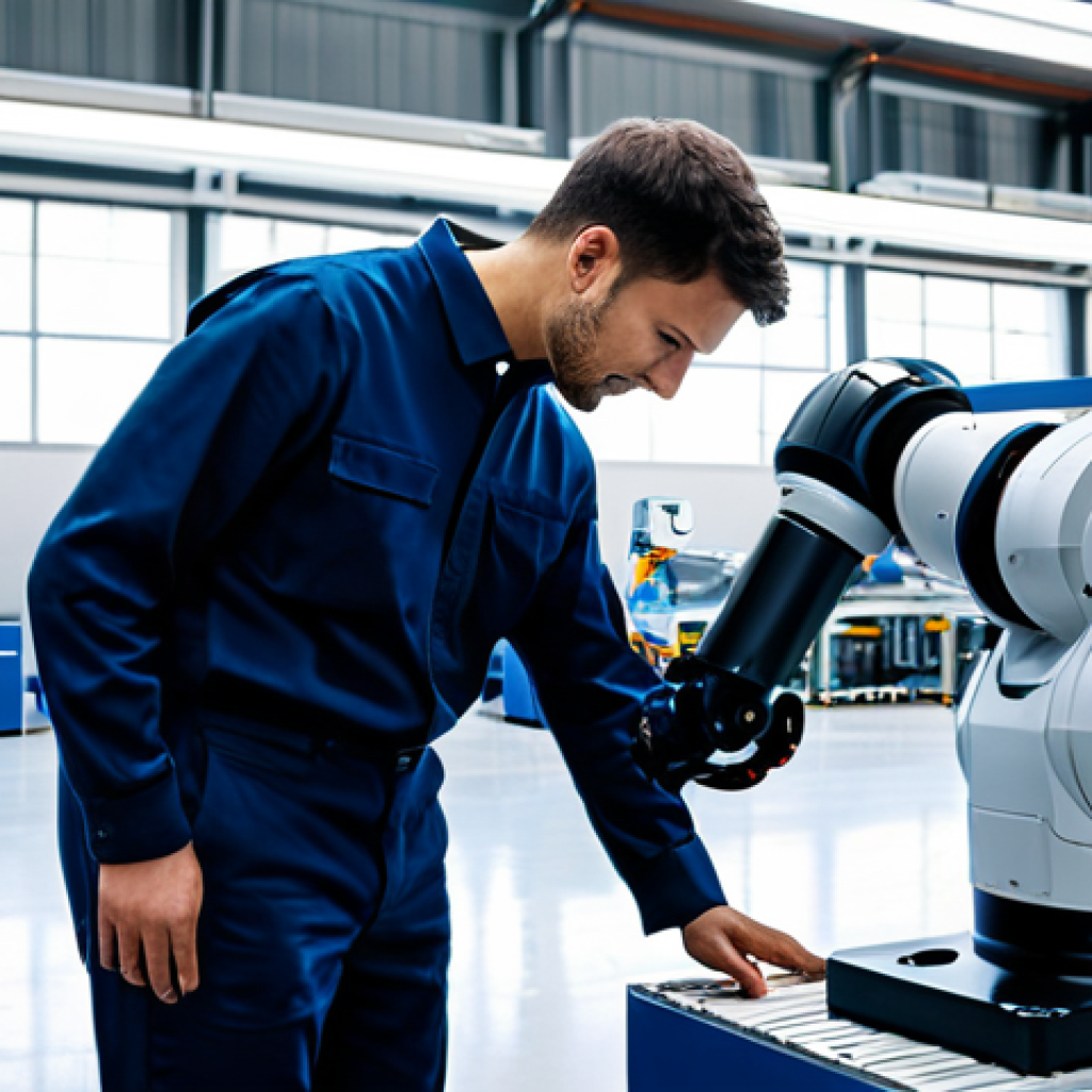 A professional male engineer in a modest, appropriate industrial uniform, fully clothed, collaborating seamlessly with a sleek, modern collaborative robot (cobot) on an assembly line. The scene is set in a clean, brightly lit, high-tech manufacturing facility, emphasizing a natural, safe, and efficient human-robot interaction. The engineer is observing the cobot as it performs a precise task, highlighting the synergy between human skill and robotic assistance. Perfect anatomy, correct proportions, natural pose, well-formed hands, proper finger count, natural body proportions, professional dress, safe for work, appropriate content, family-friendly.