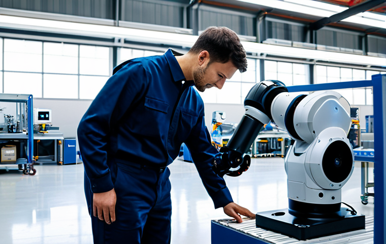 A professional male engineer in a modest, appropriate industrial uniform, fully clothed, collaborating seamlessly with a sleek, modern collaborative robot (cobot) on an assembly line. The scene is set in a clean, brightly lit, high-tech manufacturing facility, emphasizing a natural, safe, and efficient human-robot interaction. The engineer is observing the cobot as it performs a precise task, highlighting the synergy between human skill and robotic assistance. Perfect anatomy, correct proportions, natural pose, well-formed hands, proper finger count, natural body proportions, professional dress, safe for work, appropriate content, family-friendly.