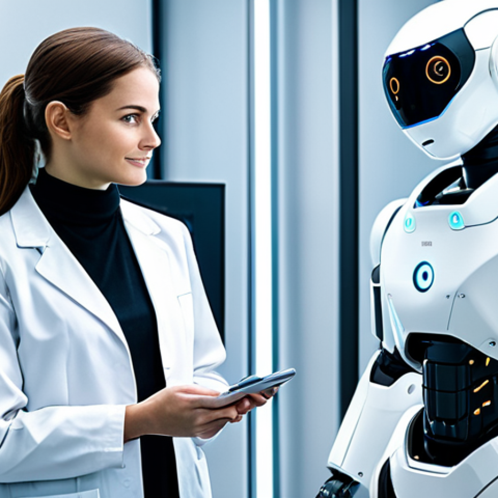A professional female robotics engineer, fully clothed in a modest lab coat over a professional business casual outfit, standing confidently in a futuristic, brightly lit robotics laboratory. She is observing an advanced collaborative robot (cobot) with sleek, metallic design in the background, which is gently manipulating a holographic display. The lab features modern equipment, clean lines, and an overall high-tech aesthetic. The engineer has perfect anatomy, correct proportions, and a natural pose, with well-formed hands and proper finger count. The image is safe for work, appropriate content, and family-friendly, showcasing professional photography and high quality.