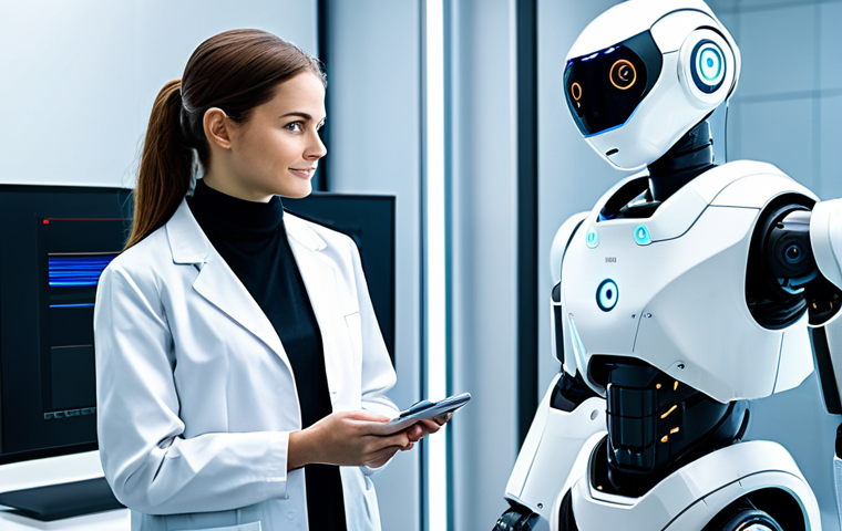 A professional female robotics engineer, fully clothed in a modest lab coat over a professional business casual outfit, standing confidently in a futuristic, brightly lit robotics laboratory. She is observing an advanced collaborative robot (cobot) with sleek, metallic design in the background, which is gently manipulating a holographic display. The lab features modern equipment, clean lines, and an overall high-tech aesthetic. The engineer has perfect anatomy, correct proportions, and a natural pose, with well-formed hands and proper finger count. The image is safe for work, appropriate content, and family-friendly, showcasing professional photography and high quality.
