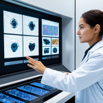 A professional female engineer, dressed in a modest lab coat over professional attire, standing in a futuristic, clean robotics lab. She is observing and interacting with a large, dynamic holographic display showing a complex robotic arm simulation. The simulation includes real-time data overlays and illustrates precise movements for a delicate task. The background features other high-tech equipment, emphasizing innovation and cutting-edge development.
* **Mandatory inclusions:** safe for work, appropriate content, fully clothed, professional, modest clothing, appropriate attire, perfect anatomy, correct proportions, natural pose, well-formed hands, proper finger count, natural body proportions.
* **Style:** Professional photography, hyperrealistic, detailed, cinematic lighting, 8K, high quality.