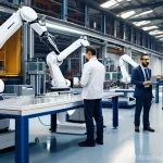 로봇기술사와 로봇 개발 협력 사례 - **Prompt 1: Cutting-Edge Robotics in a Spanish Automotive Factory**
A high-definition, realistic...