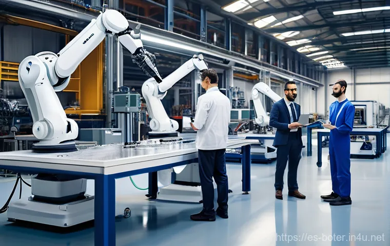 로봇기술사와 로봇 개발 협력 사례 - **Prompt 1: Cutting-Edge Robotics in a Spanish Automotive Factory**
A high-definition, realistic...