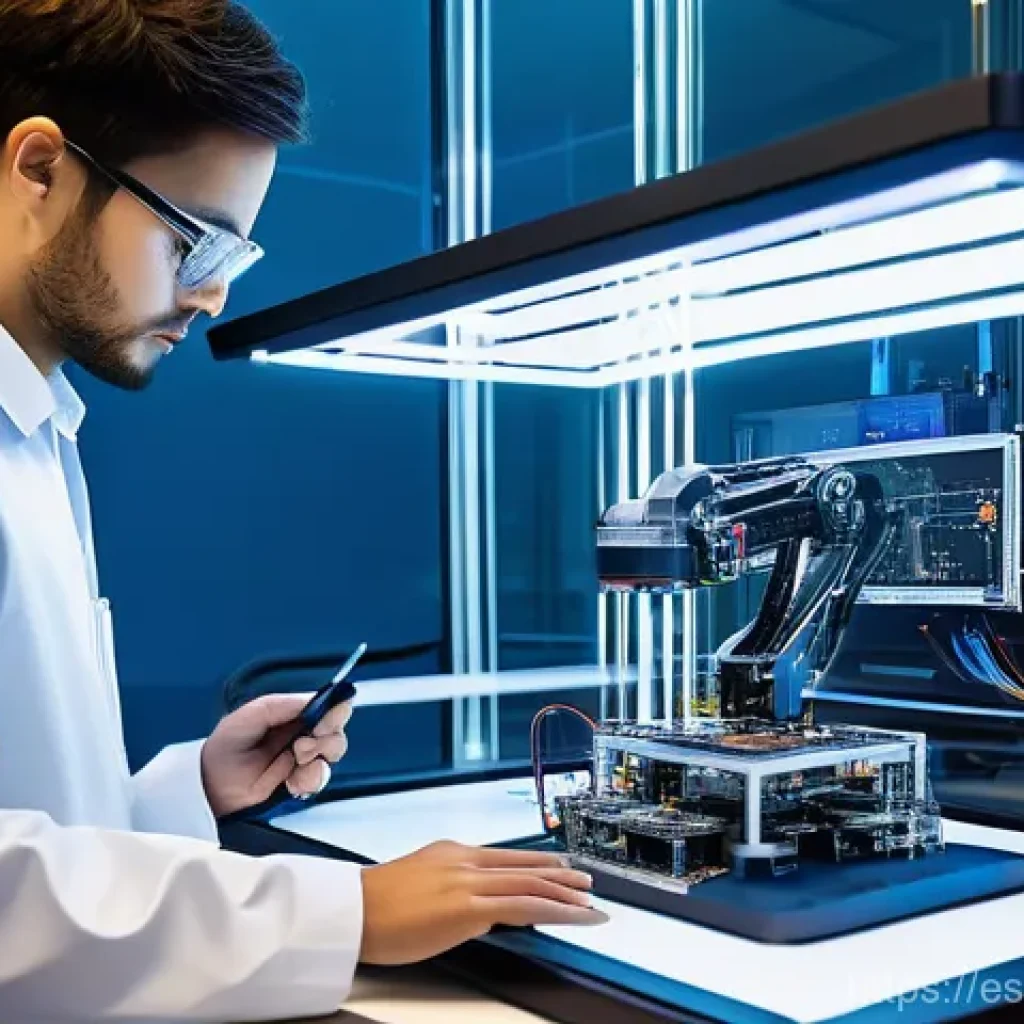 로봇기술사와 초소형 로봇 기술 - The Architects of Tomorrow: Robotic Engineering Lab**
"A wide shot of a brightly lit, futuristic ro...