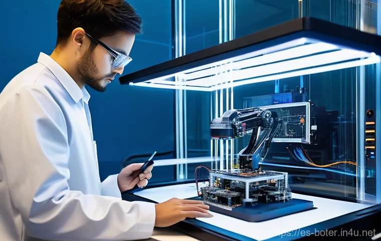 로봇기술사와 초소형 로봇 기술 - The Architects of Tomorrow: Robotic Engineering Lab**
"A wide shot of a brightly lit, futuristic ro...