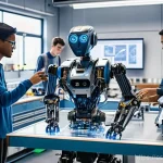 로봇기술사와 프로젝트 관리 방법 - **Prompt:** A vibrant, well-lit robotics laboratory bustling with diverse engineers (men and women o...