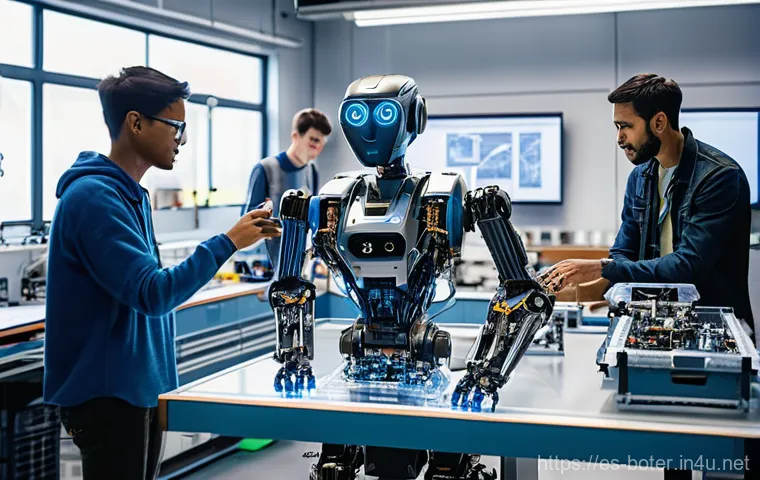 로봇기술사와 프로젝트 관리 방법 - **Prompt:** A vibrant, well-lit robotics laboratory bustling with diverse engineers (men and women o...