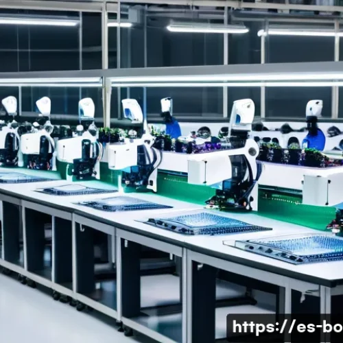 Home 33 로봇기술사와 로봇 시뮬레이션 소프트웨어 - A high-tech robotic assembly line inside a modern electronics manufacturing factory in Spain, featur...