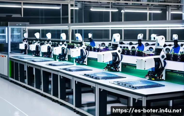 로봇기술사와 로봇 시뮬레이션 소프트웨어 - A high-tech robotic assembly line inside a modern electronics manufacturing factory in Spain, featur...