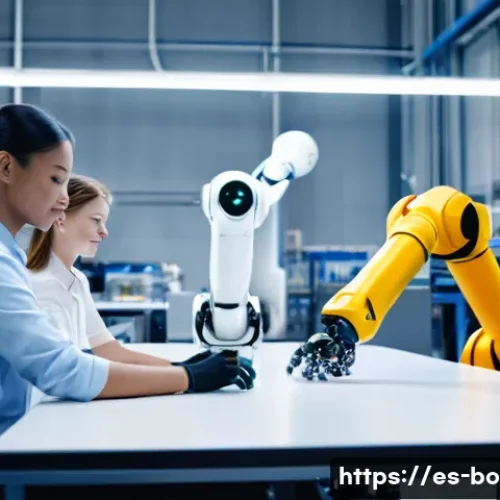 Home 32 로봇기술사와 국제 로봇 전시회 정보 - A modern industrial factory scene featuring human workers collaborating closely with sleek, compact ...