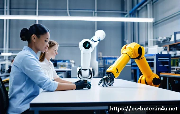 로봇기술사와 국제 로봇 전시회 정보 - A modern industrial factory scene featuring human workers collaborating closely with sleek, compact ...