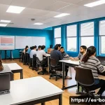 Home 19 로봇기술사 자격증 관련 Q A - A modern robotics certification classroom in a Spanish-speaking country setting, showing diverse adu...