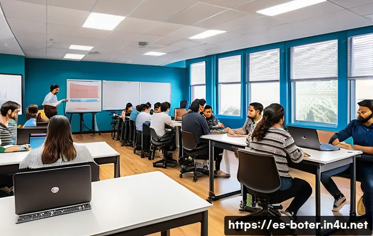 로봇기술사 자격증 관련 Q A - A modern robotics certification classroom in a Spanish-speaking country setting, showing diverse adu...